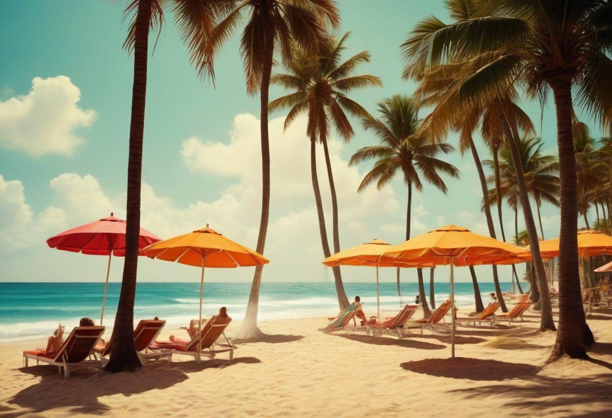 A visually captivating collage featuring iconic beach movie scenes blended with subtle elements of adult entertainment. The background showcases a sunlit beach with palm trees and vibrant beach umbrellas, while glimpses of classic vintage movie posters float in the foreground. The overall mood is playful yet sophisticated, highlighting the nostalgic charm of summer films and alluring adult themes. Use bright, summery colors for an inviting feel. retro vintage style. vibrant colors. high contrast.